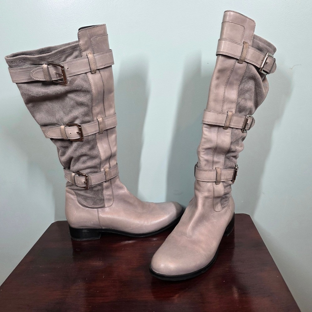 Cole Haan Grey Leather Suede Triple Buckle Tall Boots D32496 Women's 10B